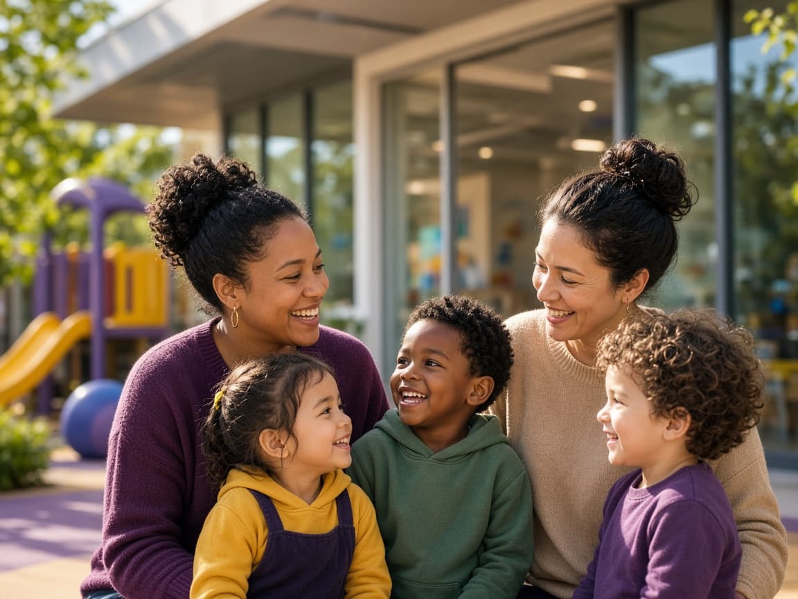 Educators and children outside a bright daycare centre entrance on a sunny day